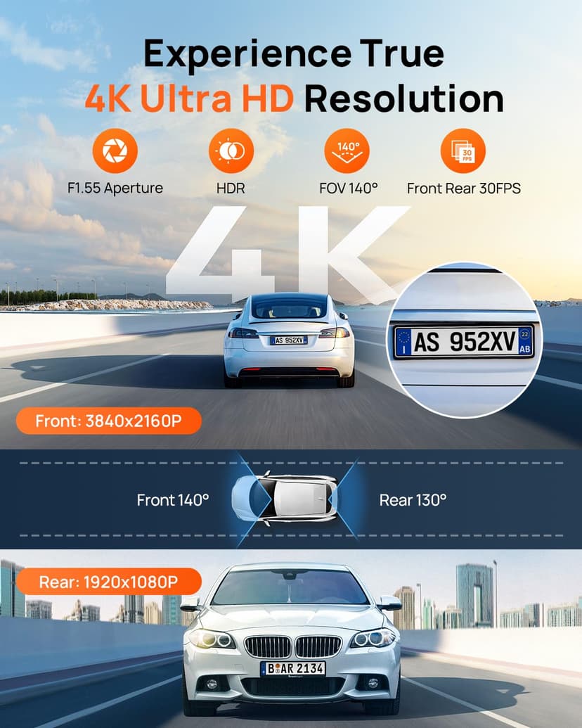 70mai A800SE Dash Cam Car Front Rear 4K UHD+1080P with GPS WiFi, Dual Car Camera with 128GB SD Card, F1.55 Aperture HDR, Night Vision, ADAS, 3 "IPS, 24/7 Parking Monitoring, Supports 512 GB Max - 2