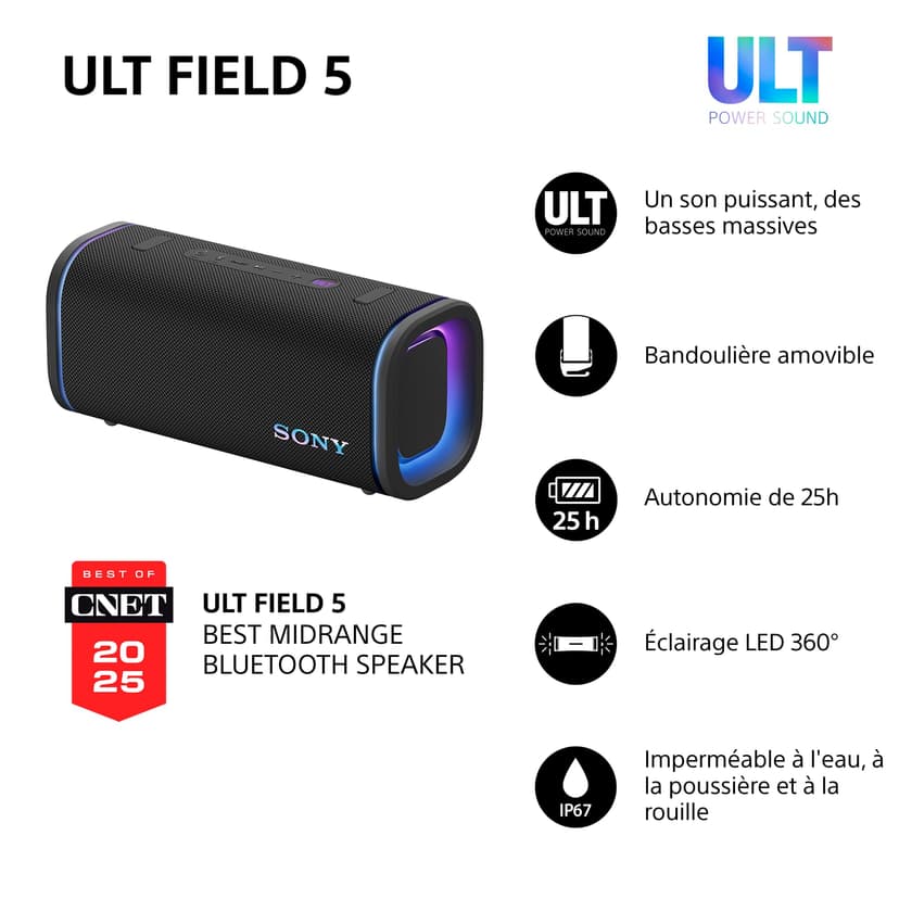 Sony ULT FIELD 5 - Potente speaker portatile Bluetooth, batteria da 25 ore, 2 modalità ULT POWER SOUND, IP67, impermeabile, antipolvere, 360 luci, tracolla staccabile, compatto - Nero - 2