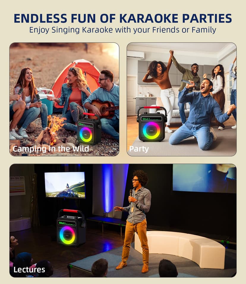 Karaoke Machine 2 Wireless Microphones, Portable Bluetooth Speaker w/PA System for Adults & Kids with LED Lights, Bass/Treble Adjustment, Supports REC/TWS/FM/AUX/USB/IF Card for Party - 5