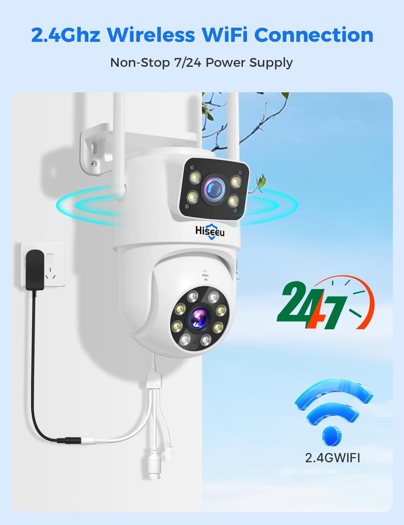 Hiseeu 【Dual Lens+8X Digital Zoom】 3MP Dual Lens PTZ WiFi Security Camera Outdoor, 2.4G/5G WiFi CCTV Home Surveillance Camera Outdoor, Color Night Vision, Auto Tracking Alarm Sound Light 2-Way Audio - 3