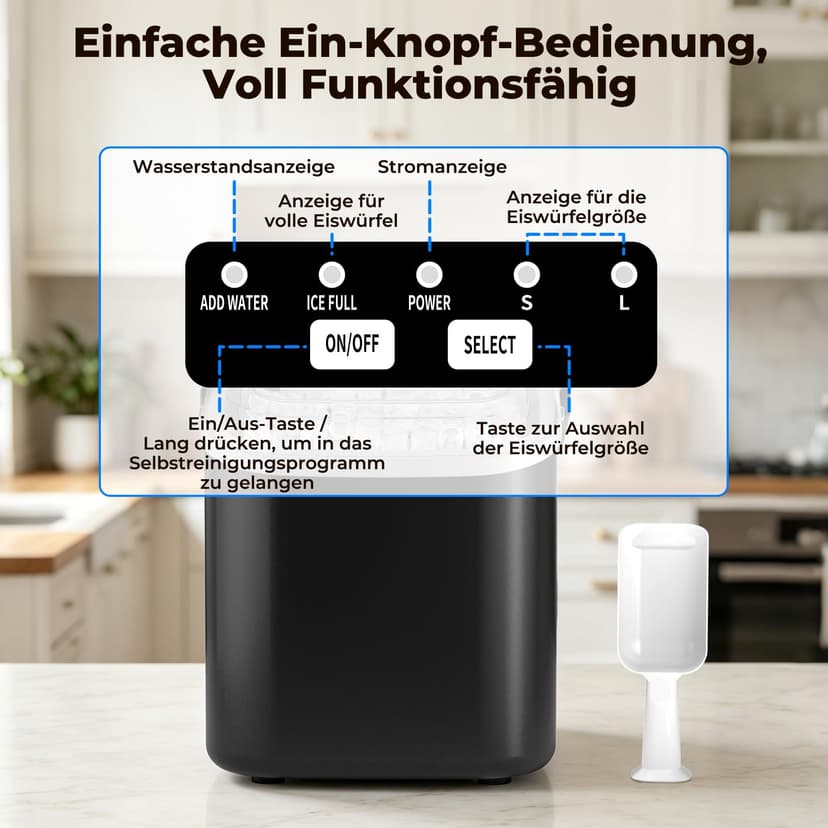 Acmeenjoy Ice Cube Machine 12 kg/24 H, Small Ice Cube Machine, 1.2 L, Self-Cleaning Ice Maker with Handle Ice Cube Basket/Shovel, 8 Ice Cubes in 6-8 Minutes, for Kitchen/Office/Party/Office, RV, Black - 6