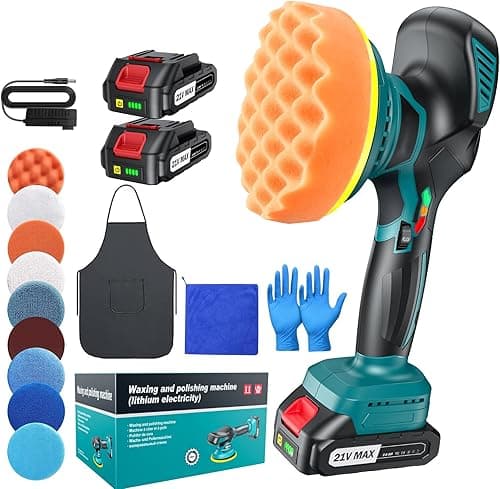 Polisseuse Voiture Sans Fil 150 mm à Double Action avec 2×21V 2000mAh Batteries, 13pcs Kit Polissage Voiture, 6 Vitesses Réglables 5500RPM, Lustreuse Polisseuse Orbitale pour Cirage et Rénovation Auto