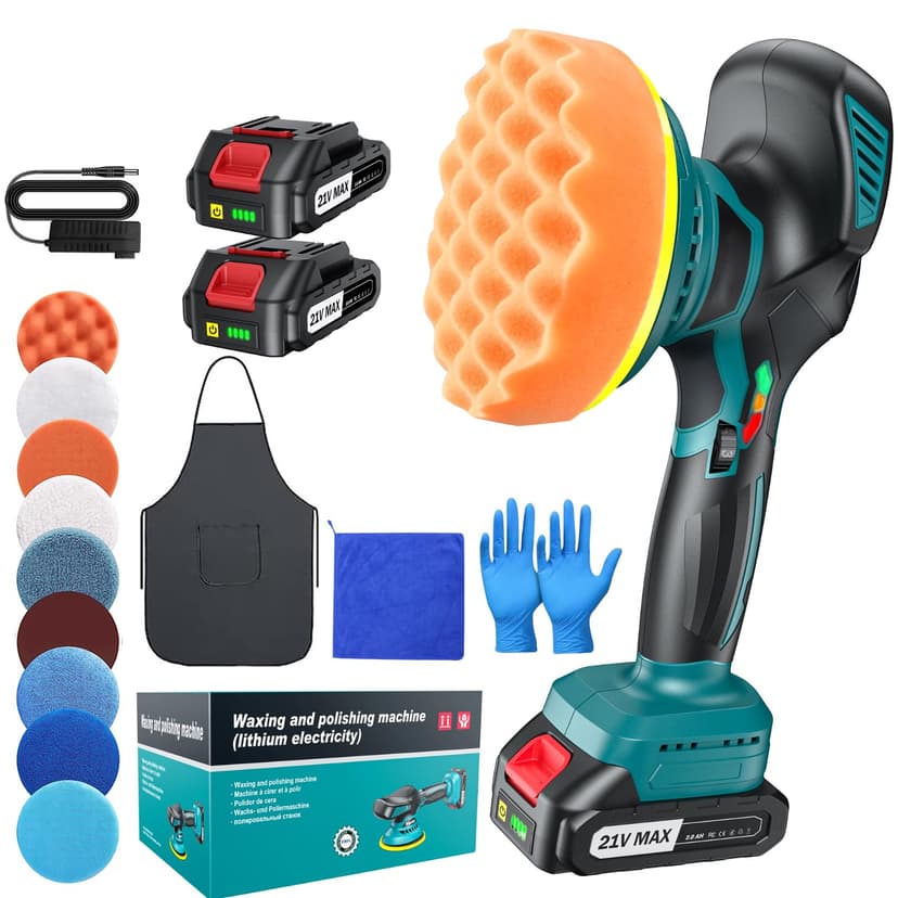 Polisseuse Voiture Sans Fil 150 mm à Double Action avec 2×21V 2000mAh Batteries, 13pcs Kit Polissage Voiture, 6 Vitesses Réglables 5500RPM, Lustreuse Polisseuse Orbitale pour Cirage et Rénovation Auto - 1