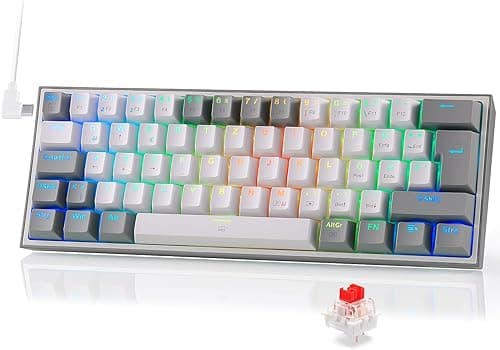 Redragon K617 Fizz 60% German QWERTZ Layout Gaming Keyboard, RGB Wired Gaming Keyboard, 62 Keys, Hot Swap Red Switches, Programmable Buttons, Removable USB Type C Cable - Grey & White