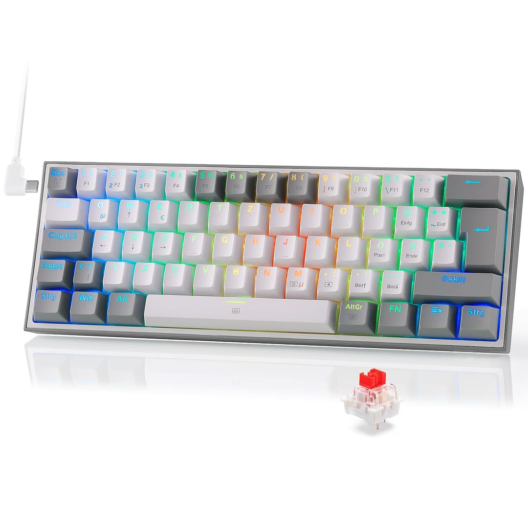Redragon K617 Fizz 60% German QWERTZ Layout Gaming Keyboard, RGB Wired Gaming Keyboard, 62 Keys, Hot Swap Red Switches, Programmable Buttons, Removable USB Type C Cable - Grey & White