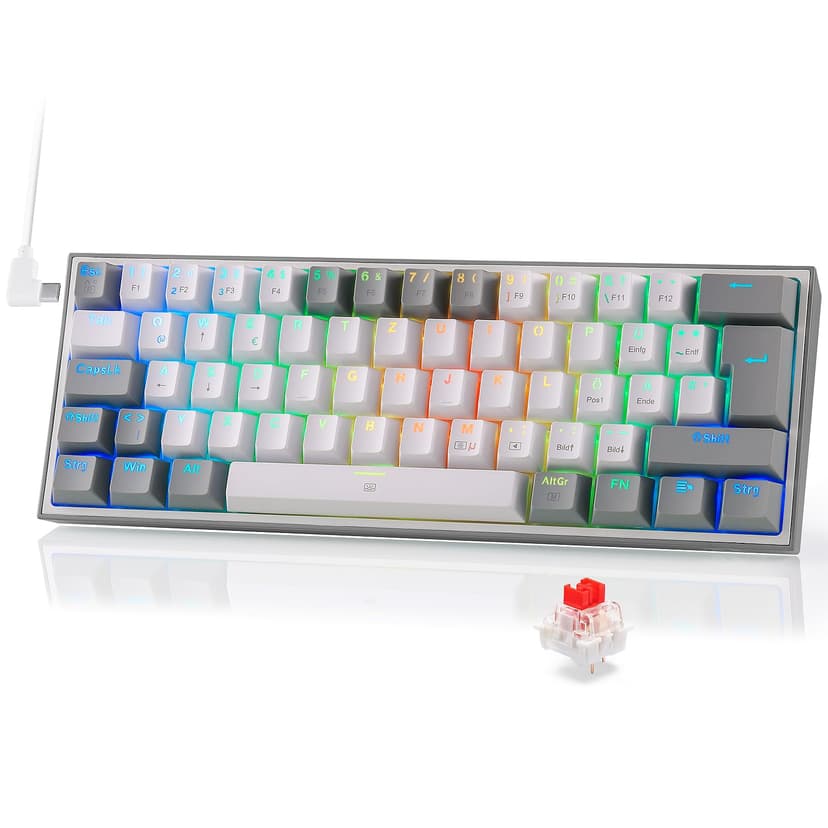Redragon K617 Fizz 60% German QWERTZ Layout Gaming Keyboard, RGB Wired Gaming Keyboard, 62 Keys, Hot Swap Red Switches, Programmable Buttons, Removable USB Type C Cable - Grey & White - 1