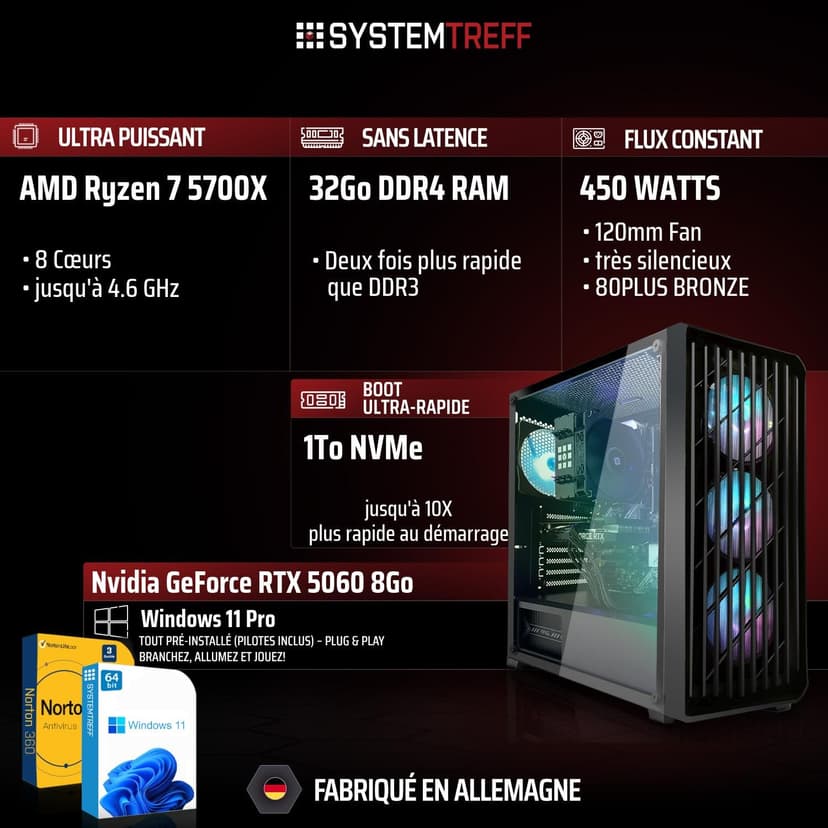 SYSTEMTREFF PC Gamer AMD Ryzen 7 5700X 8x4.6GHz | Nvidia RTX 5060 8Go DX12 | 1To M.2 NVMe | 32Go DDR4 RAM | Windows 11 | Ordinateur de Bureau WLAN pour Les Joueurs, Les Gamers & Streamer - 2