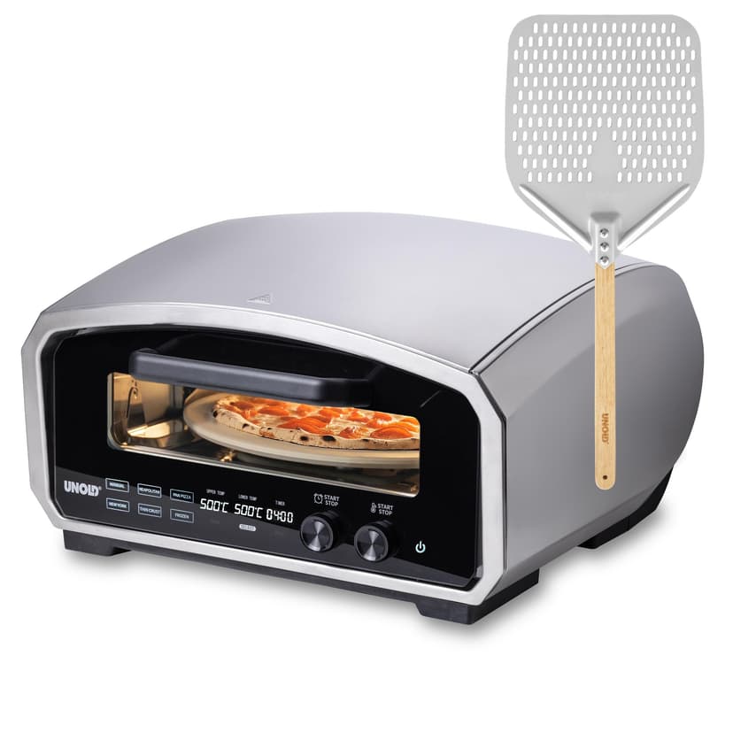 Unold Enzo 500°C Pizza Oven 68916 - Indoor and Outdoor IPX4 - Electric Neapolitan Pizza Maker - Up To 12" with 33cm Rotating Pizza Stone - Adjustable Timer - Includes Pizza Peel - 2100W -240V - 1