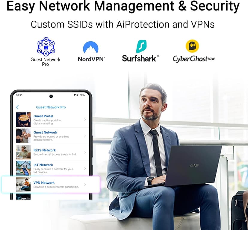 ASUS RT-BE58 Go - Routeur de Voyage WiFi 7 Double Bande, 3600 Mbps, 4G & 5G Mobile Tethering, Port 2.5G, réseau invité Pro SSIDs, sécurité réseau avancée & VPNs, USB-C Power Delivery - 7