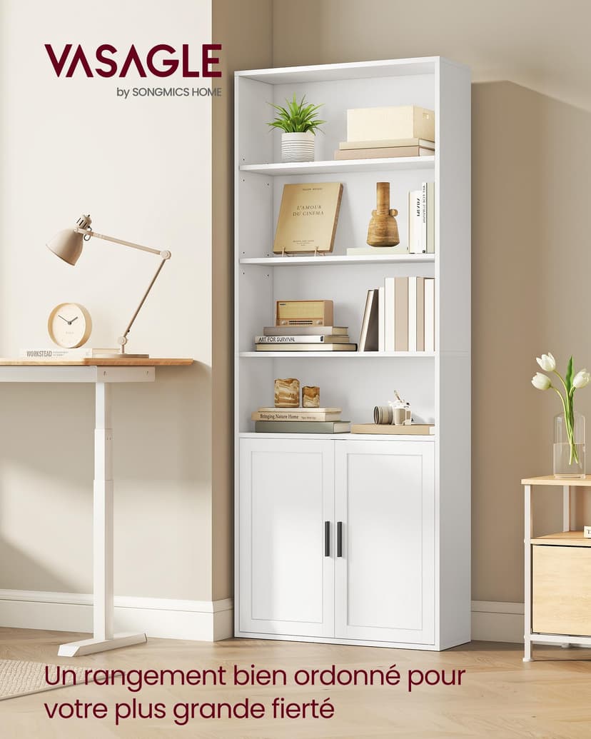 VASAGLE Bookcase, 6-Tier Tall Bookshelf, Book Shelf with Doors, Shelving Unit, 24 x 60 x 175 cm, for Living Room, Home Office, Dinning Room, Cloud White LBC402W01 - 2