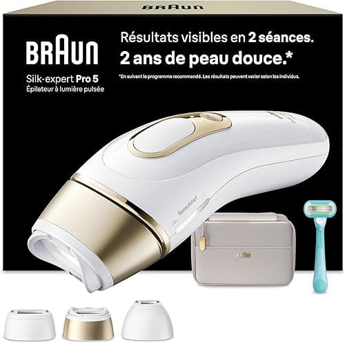 Braun Lumiere Pulsee Smart Silk·Expert Pro 5 Home Laser Alternative, Semi-Definitive Hair Reduction, with Pouch, Gillette Venus Women's Shaver, 3 Heads, PL5311