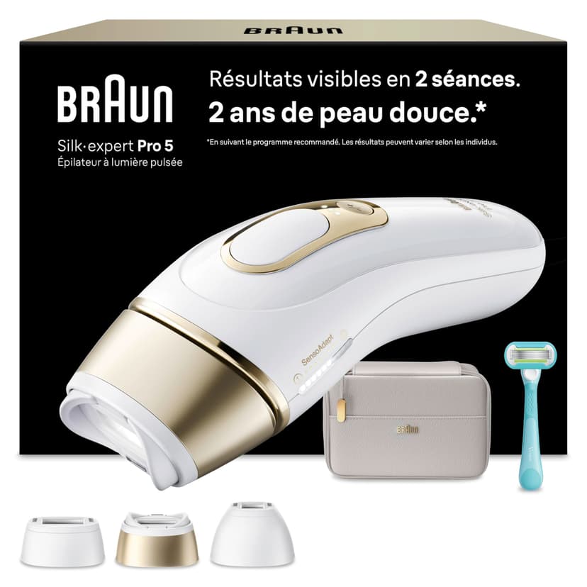 Braun Lumiere Pulsee Smart Silk·Expert Pro 5 Home Laser Alternative, Semi-Definitive Hair Reduction, with Pouch, Gillette Venus Women's Shaver, 3 Heads, PL5311 - 1