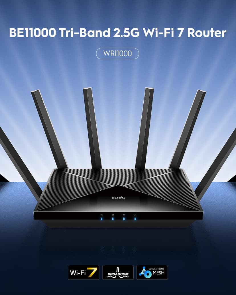 Cudy Tri-Band WiFi 7 BE11000 Router, 6-Stream 10 Gbps, 4 × 2.5G Ports, Up to 11000Mbps, VPN Server and Client, Cudy APP and Mesh, 6 × High-gain Antennas, WR11000 - 2