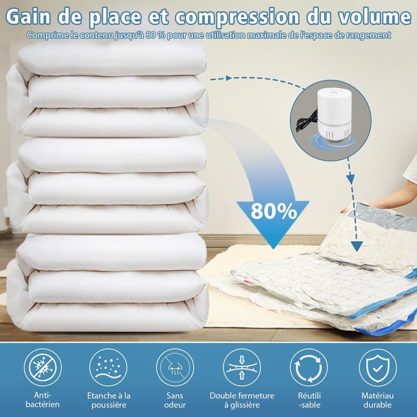 NATNAV Vacuum Bags for Clothes, Pack of 20 with Electric Air Pump, Vacuum Bags (5 x Jumbo/5 x Large/5 x Medium/5 x Small), Reusable Vacuum Bags for Duvets, Clothes, Travel, Pillows - 2