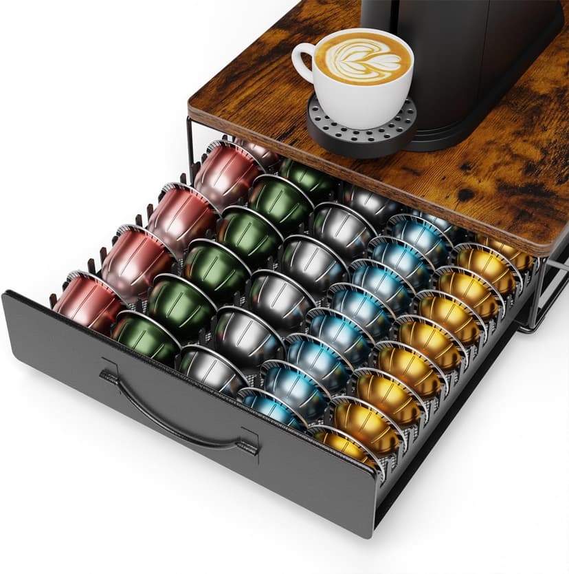 Multifunctional Metal Nespresso Vertuo Pod Holder for 60-30 Vertuo Capsules & 40 Dolce Gusto Pods,Vertuo Pods Storage Drawer with Wood Top Shelf,Coffee Capsule Holder for Counter - 1