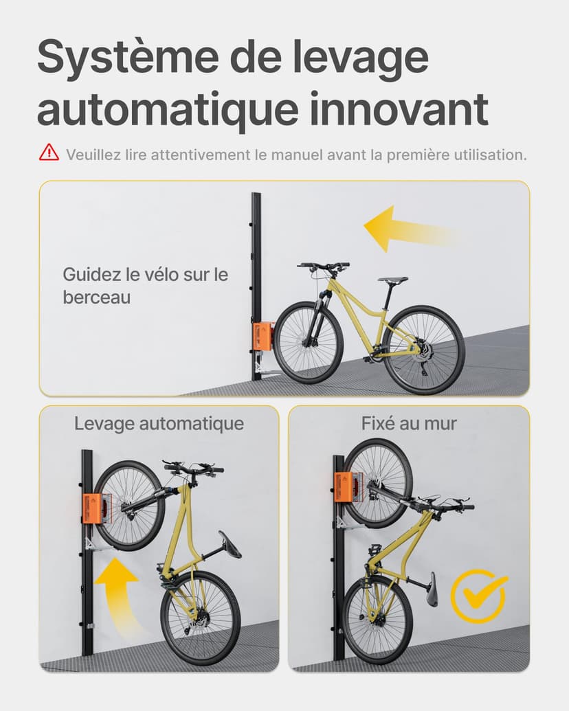 monTEK Automatic Bicycle Lift - Vertical Bicycle Rack for Heavy Bicycles (up to 32 kg) - Easy Assembly, Space Saving Wall Mount for Garage, Shed, Home - For 24-29 Inch Tyres, E-Bikes - 3