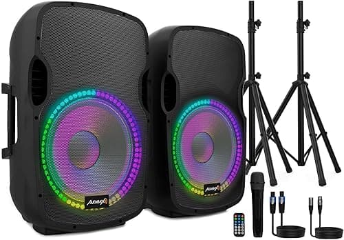 Audibax Party 215 LED Set of 2 Speakers 15 Inch Pro 600 W Peak + Brackets + Wiring + Microphone