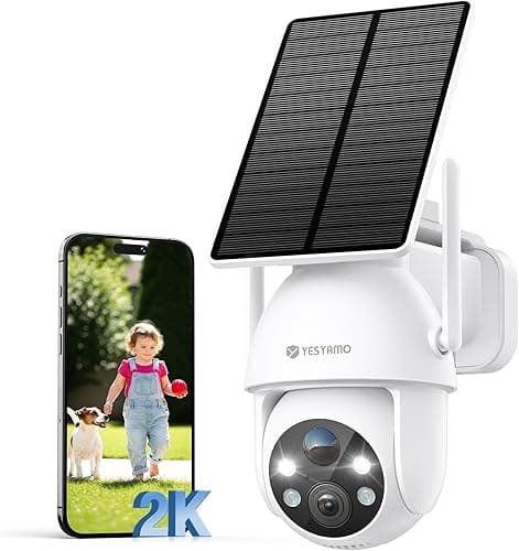 YESYAMO 2K Wireless Solar WiFi Surveillance Camera, 2.4GHz Solar Outdoor Camera with Solar Panel, 360° PTZ, Night Vision, Two-Way Audio, PIR Siren (White)