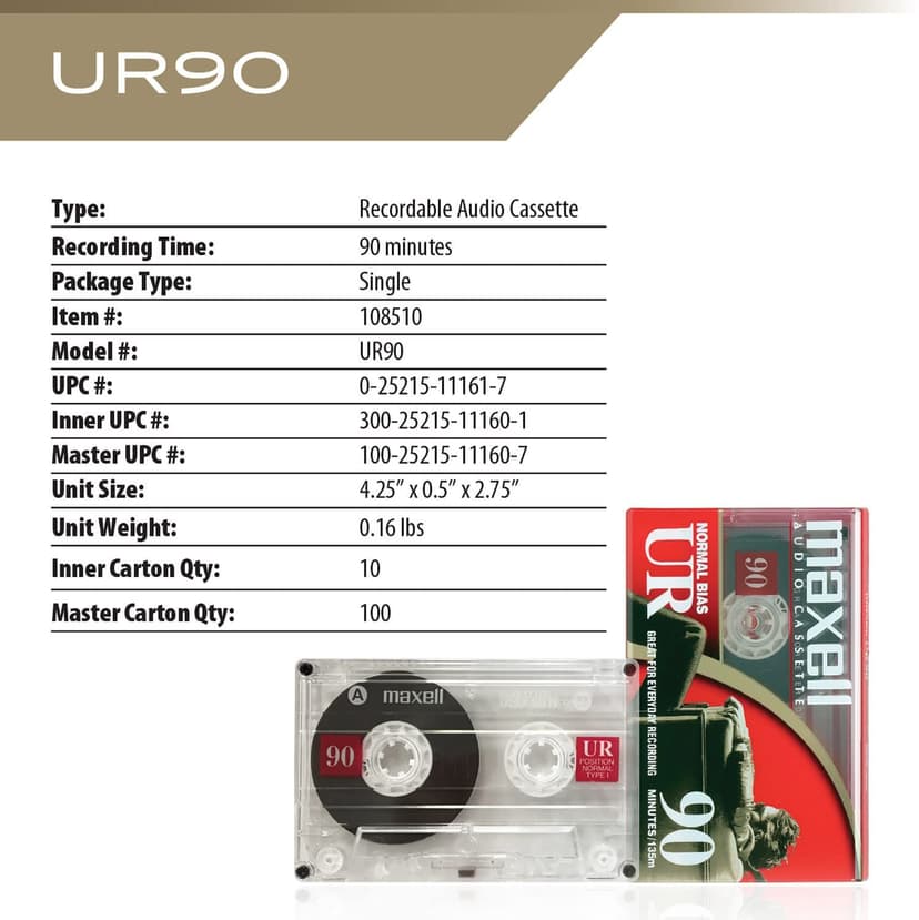Maxell 108562 UR-90 5PK Normal Bias Audio Cassettes 90 Minute With Cases 5 Pack - 4