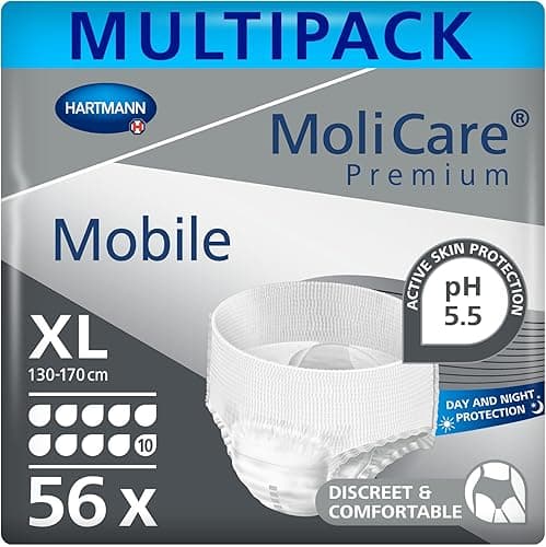 MoliCare Premium Mobile 10 Drops | Disposable Incontinence Pants: for Women and Men with Incontinence | Size XL | 51-67 inches | 4 Packs of 14 Pairs (56 Pieces)