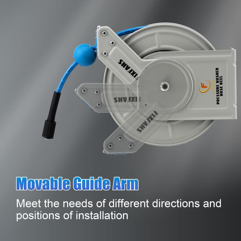 FIXFANS Pressure Washer Hose Reel with Hose, 1/4" x 60ft Retractable, Heavy Duty, Auto Rewind, Wall Mounted, 3600 PSI - 3