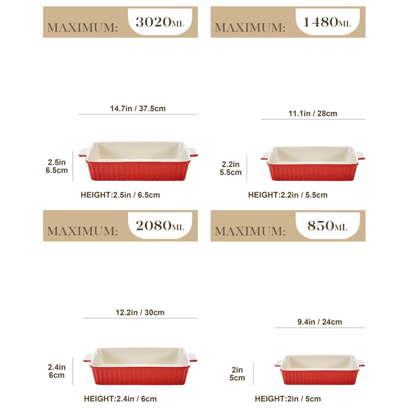MALACASA Série BAKE, Lot de 4 Plats à Gratin en Céramique avec Poignées, Plats Rectangulaires en Porcelaine Rouge, 3020ml, 2080ml, 1480ml, 850ml, Passe au Lave-vaisselle, Idéaux pour Cuisson et Gratin - 2
