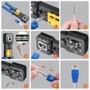 Proster RJ45 Crimp Tool Kit - RJ45 Pass Through Crimp Tool for CAT5 CAT5e CAT6 Network Cable with Network Cable Tester & 50Pcs Gold-Plated CAT6 Connectors & Covers & 5 Spare Blades & Stripper - 7