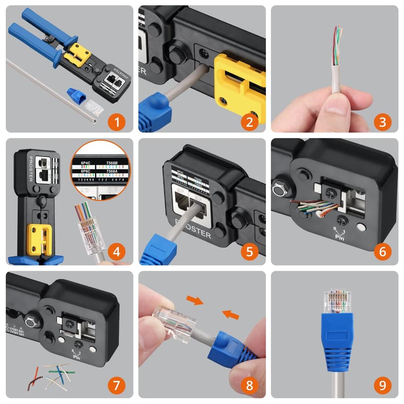 Proster RJ45 Crimp Tool Kit - RJ45 Pass Through Crimp Tool for CAT5 CAT5e CAT6 Network Cable with Network Cable Tester & 50Pcs Gold-Plated CAT6 Connectors & Covers & 5 Spare Blades & Stripper - 7