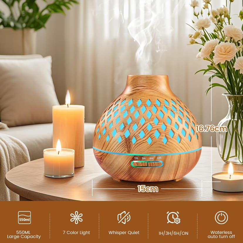 AESHORY Diffuseur d'huiles Essentielles 550ML, Diffuseur de Parfum avec 12x5ML Huiles Essentielles, Humidificateur Ultrasonique avec 7 Couleurs Lumières LED, Arrêt Automatique, pour Maison, Yoga, Spa - 2