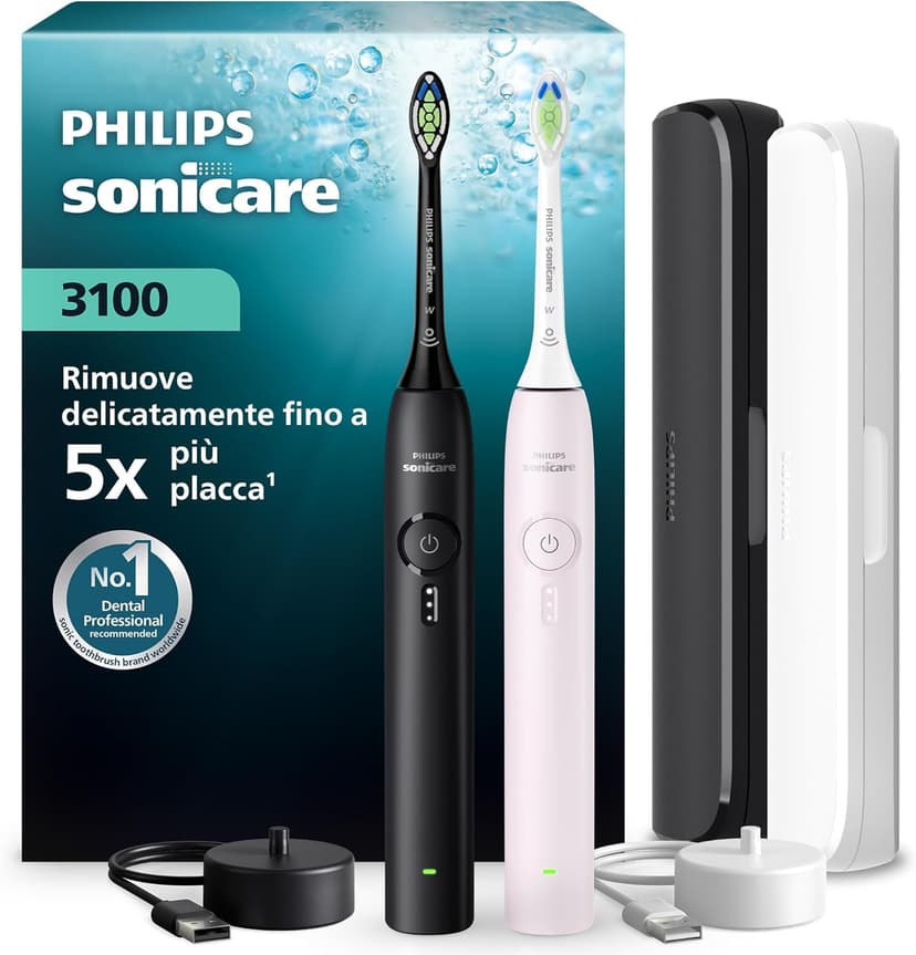 Philips Sonicare 3100 Series Electric Toothbrush - Sonic Toothbrush, Pressure Sensor, 3 Intensities, EasyStart, SmarTimer, 14-Day Runtime, Travel Case, Black & Light Pink, 2 Pack, HX4072/42, [New] - 1
