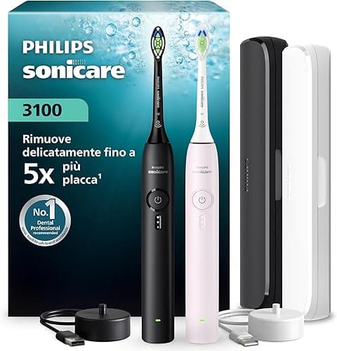Philips Sonicare 3100 Series Electric Toothbrush - Sonic Toothbrush, Pressure Sensor, 3 Intensities, EasyStart, SmarTimer, 14-Day Runtime, Travel Case, Black & Light Pink, 2 Pack, HX4072/42, [New]