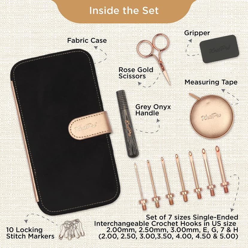 KnitPro Oasis Interchangeable Crochet Hook Starter Set with Wooden Handle - for Both Beginner and Experienced Crocheters - 1 Set, Rose Gold, 2.00-5.00mm - 2