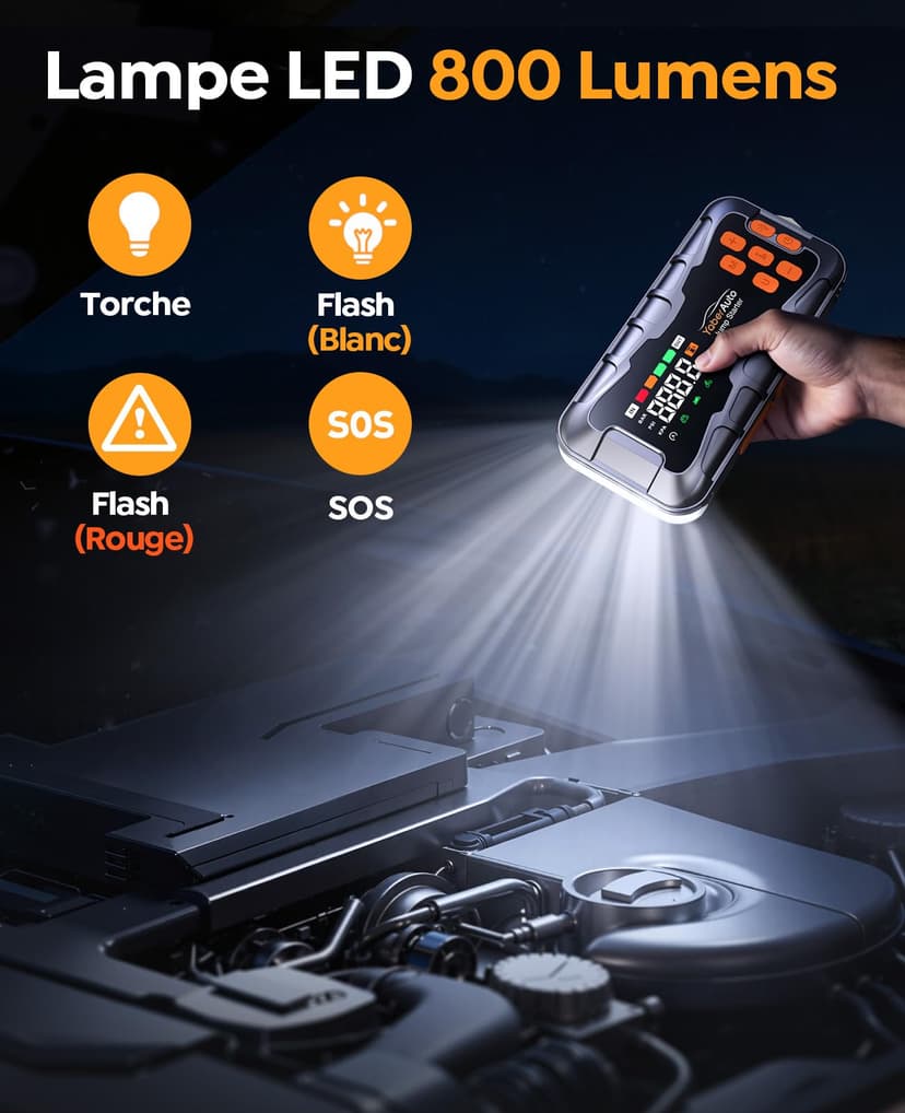 16-IN-1 Jump Starter Power Pack 27000mAh 7000A with Air Compressor 160PSI, Car Battery Booster Jump Starter (All Gas/14L Diesel/Hybrid) with Tire Repair Kit, Hook Stone, Tow Rope,Gloves, 800 Lumen - 5