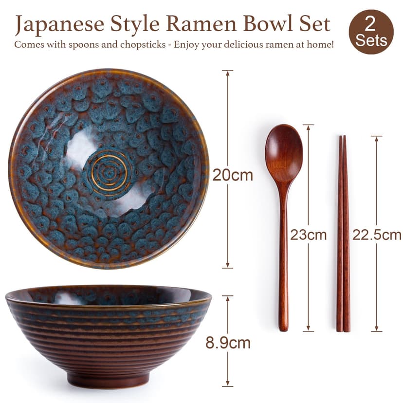 1200ml Ceramic Ramen Bowl Set of 2 Japanese Noodle Bowls with Spoons and Chopsticks, Peacock Tail - 2
