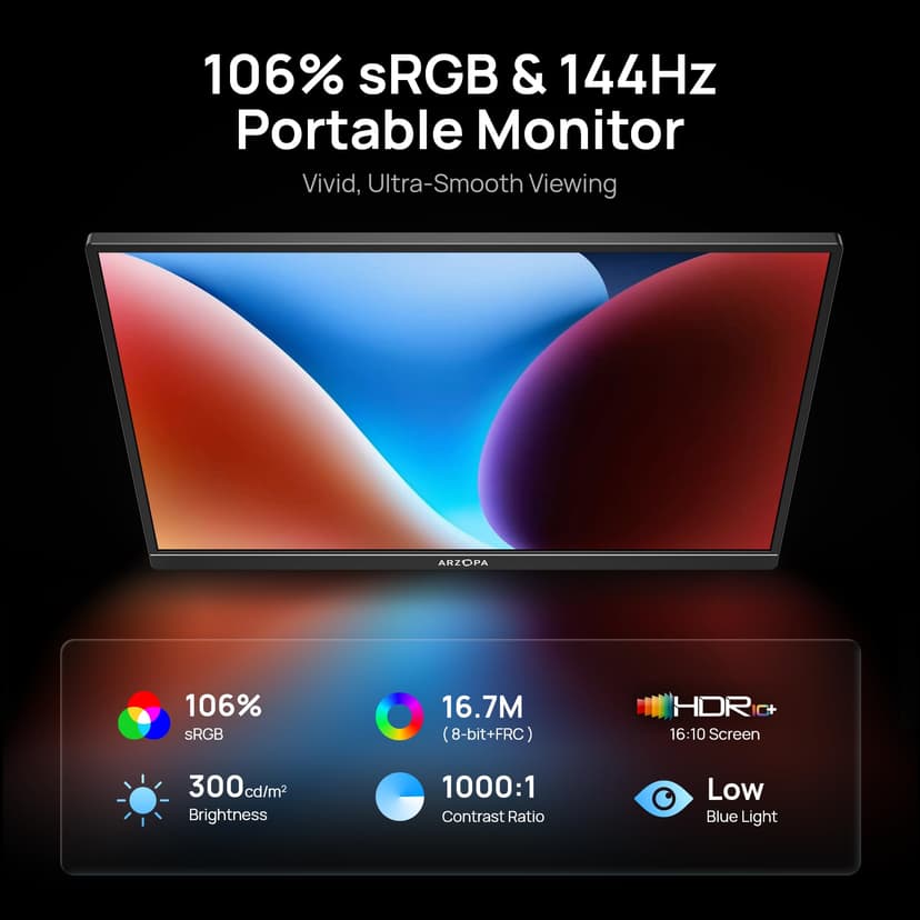 ARZOPA 16.1'' 144Hz Portable Monitor with Kickstand, 106% sRGB 1920×1080P FHD HDR 144HZ Gaming Monitor, Ultra Slim - Eye Protection-External Second Screen for Laptop/PC/Mac/PS3/4/5/Xbox - Z1FC - 2