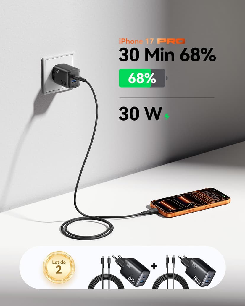 INIU 30 W USB C Charger Pack of 2, [USBC + USBA] Fast Charger with Cable, Gan PD 3.0 Multiple Power Supply, USB C Charger for iPhone 16 15 Pro Max, iPad, Galaxy S25 S24 S23 Ultra, Google ECC - 2