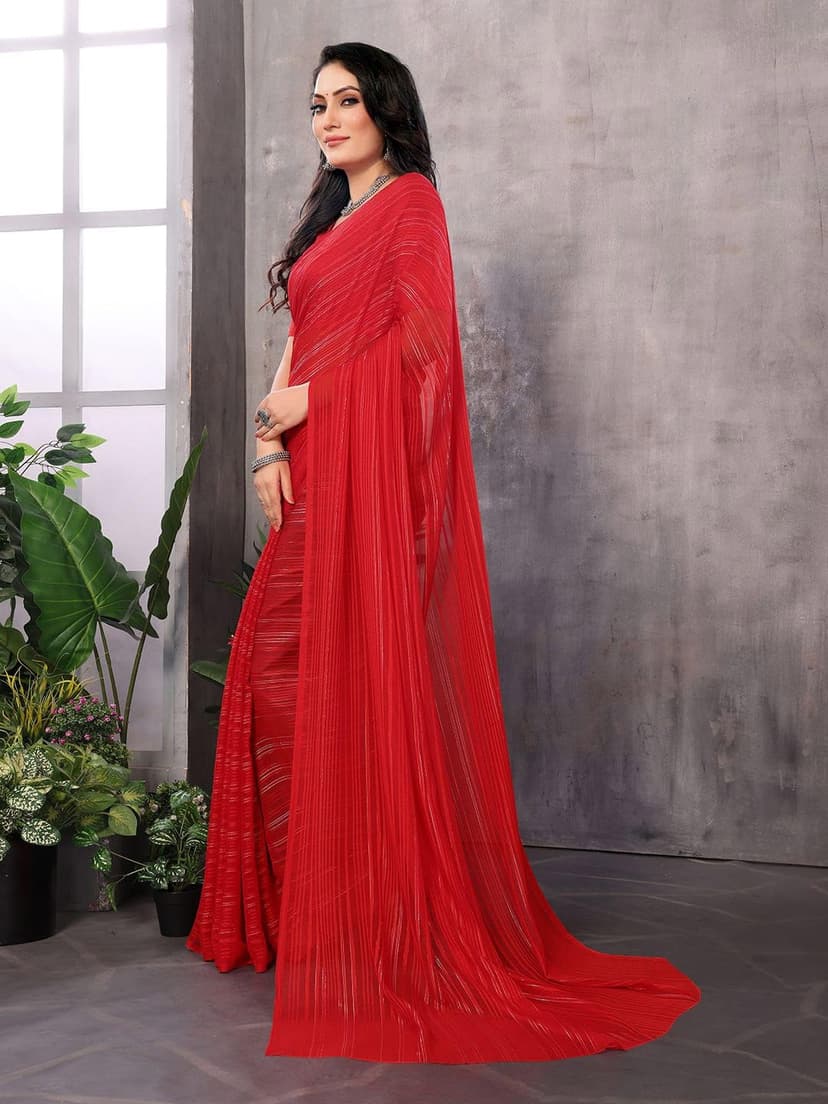 ETHNICMODE Indian Soft Satin Light Weight Party Wear Red Sari With Unstitched Red Blouse Piece-1110 - 6