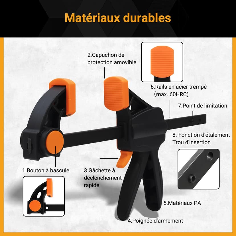 TOOLMAYS Jeu de 2 Serre-joints Rapide à une Main avec Connecteur, Largeur de Serrage 152/420mm, Force de Serrage Maximale 100 kg, Ouverture Flexible Plage d'Extension 154 mm - 620 mm - 4