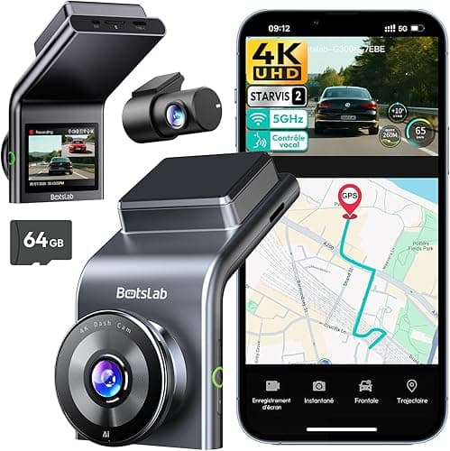 BOTSLAB 4K Dashcam Voiture GPS, Dashcam Voiture Avant Arrière avec Carte SD 64GB, 5G WiFi Camera Voiture Grand Angle 170°, Vision Nocturne,WDR,G-Capteur,Mode Stationnement24H, Enregistrement en Boucle