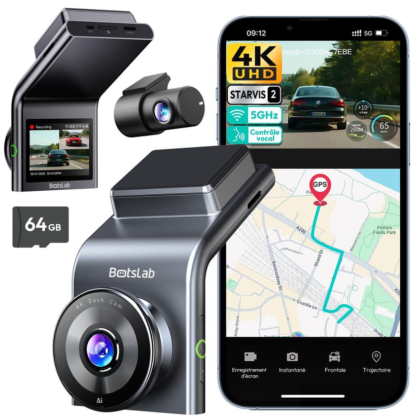 BOTSLAB 4K Dashcam Voiture GPS, Dashcam Voiture Avant Arrière avec Carte SD 64GB, 5G WiFi Camera Voiture Grand Angle 170°, Vision Nocturne,WDR,G-Capteur,Mode Stationnement24H, Enregistrement en Boucle - 1