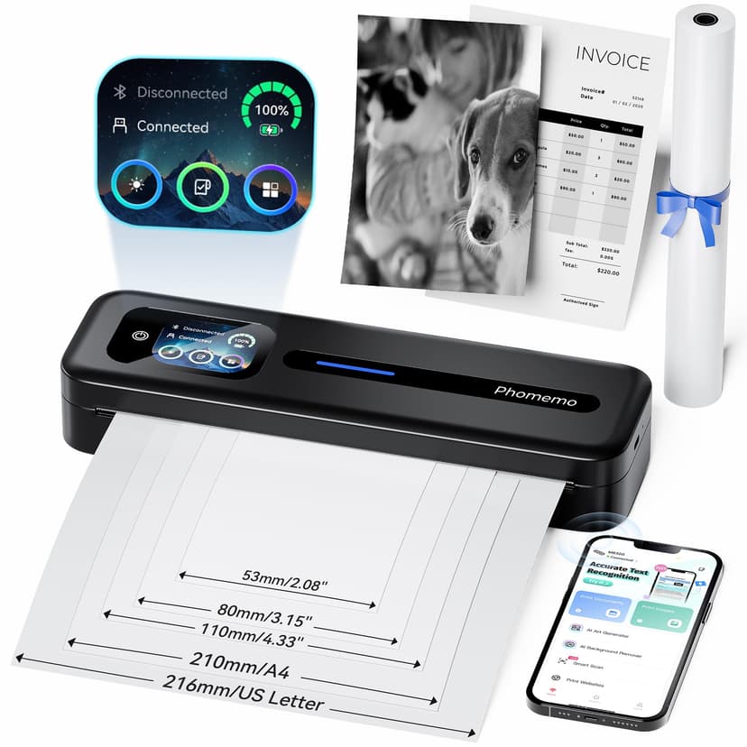 Phomemo M832D Portable Thermal Printer, A4 Touchscreen Bluetooth Inkless Printer for Home & Office, 300dpi Mobile Printers Compatible with Phone & Laptop, Wireless Printers for Business Trip, School - 1