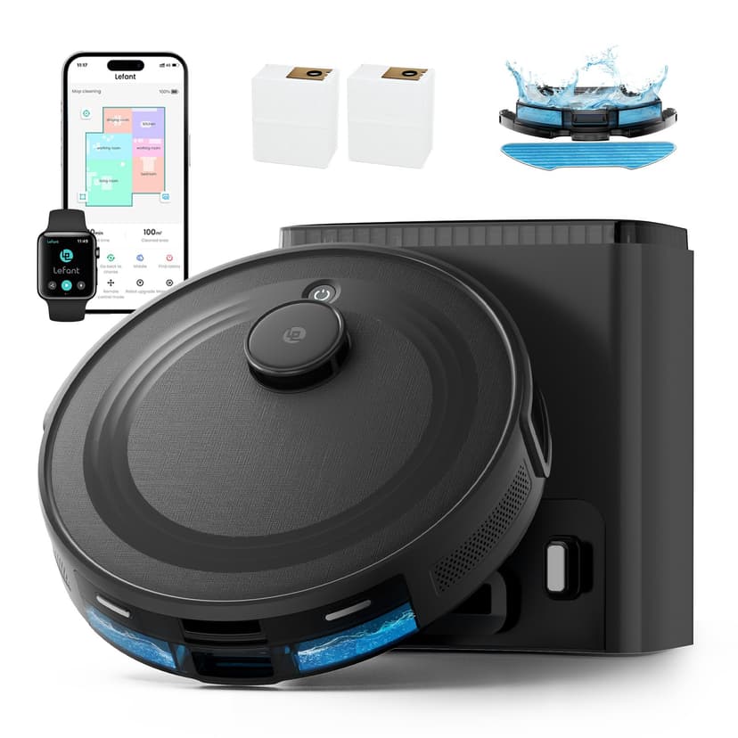 Lefant M2 Plus Aspirateur Robot Laveur avec Station 6000Pa Vidage Automatique Poussière,Navigation Laser Cartographie,Évitement d'obstacles PSD,Idéal pour Poils d'animaux/Tapis, WiFi/App/Alexa, Noir - 1