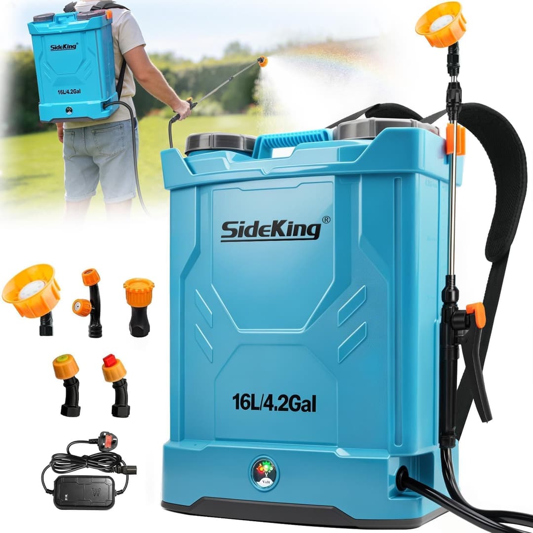 SideKing Pulvérisateur Électrique à Dos 16L, Pulvérisateur de Jardin Pression Réglable Jusqu’à 8,3 Bars, 2 Lances, Dossier Ergonomique, 5 Buses, Pulvérisateur Toiture Nettoyage Anti-Mousse & Façade