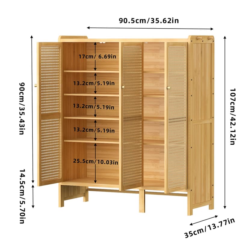 unho Meuble Chaussure d’Entrée en Bambou: Rangement Chaussure avec 5 Étagères Armoire à Chaussures avec 4 Crochets Design - 90.5 × 35 × 107 cm - 2