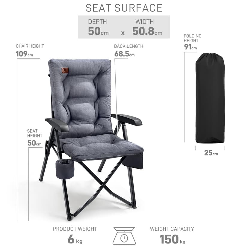 EVER ADVANCED Chaise de camping pliable avec dossier réglable en 4 positions jusqu'à 150 KG Chaise pliante 6 cm d'épaisseur Rembourrée avec poche latérale Porte-boissons Chaise de jardin avec dossier - 3
