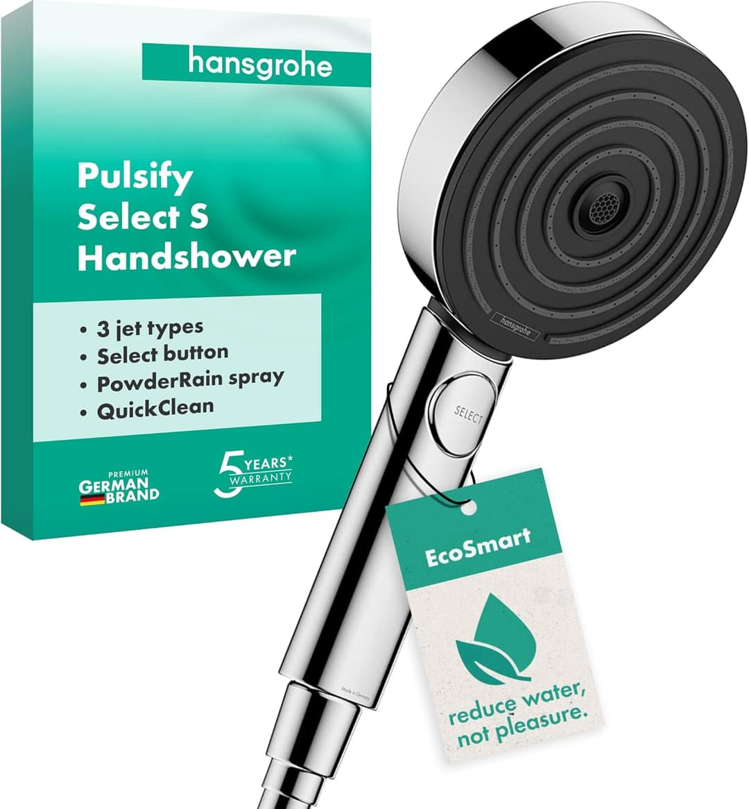 hansgrohe Pulsify Select S - water-saving shower head 9 l/min (EcoSmart), hand shower round (⌀ 105 mm) with anti-limescale function, chrome, 24111000 (Package may vary)