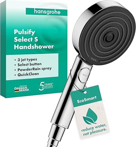 hansgrohe Pulsify Select S - water-saving shower head 9 l/min (EcoSmart), hand shower round (⌀ 105 mm) with anti-limescale function, chrome, 24111000 (Package may vary)