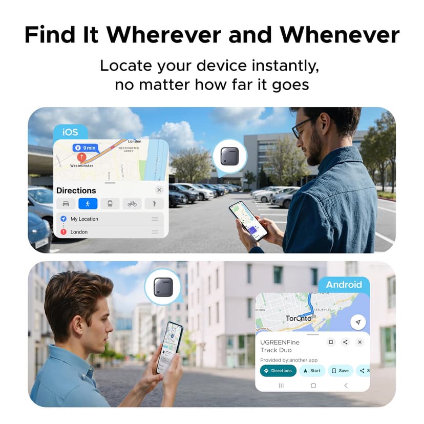 UGREEN FineTrack Duo (4 Pack) for iOS & Android, USB-C Rechargeable Tracker Compatible with Apple Find My and Google Find Hub, Keys Finder and Item Locator for Wallet, Backpack, Luggage and More - 4