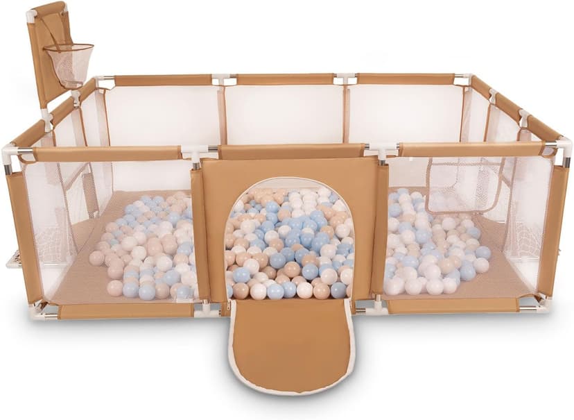 Selonis Baby Playpen Big Size Playground with 100 Balls for Kids, Beige:Pastel Beige/Pastel Blue/White - 1