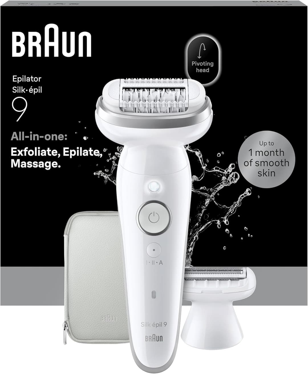 Braun Silk·épil 9 Epilator for Women, 9-041, Silver - Pivoting Head for Easy Hair Removal, Wet & Dry Use, Shaver Head, Trimmer Comb, Lasting Smooth Skin